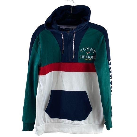 Tommy‎ Hilfiger Men’s Logo Pullover Multi Colorblock Pocket Hoodie Size XS - Picture 1 of 10